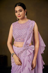 Lavender Embellished Crop Top with Ruffled Saree Skirt & Pre-Draped Pallu