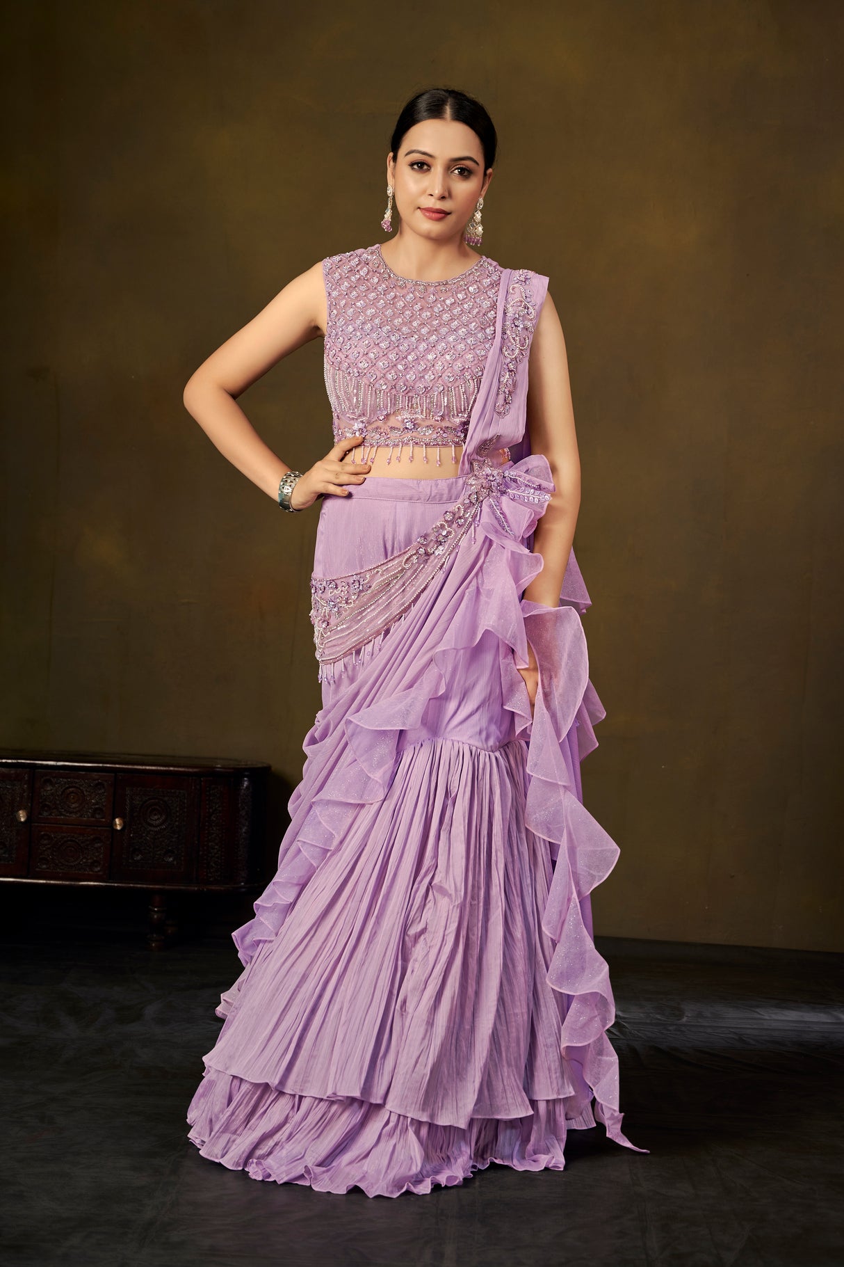 Lavender Embellished Crop Top with Ruffled Saree Skirt & Pre-Draped Pallu