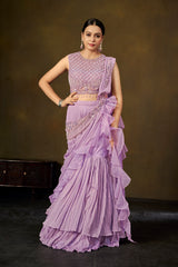 Lavender Embellished Crop Top with Ruffled Saree Skirt & Pre-Draped Pallu
