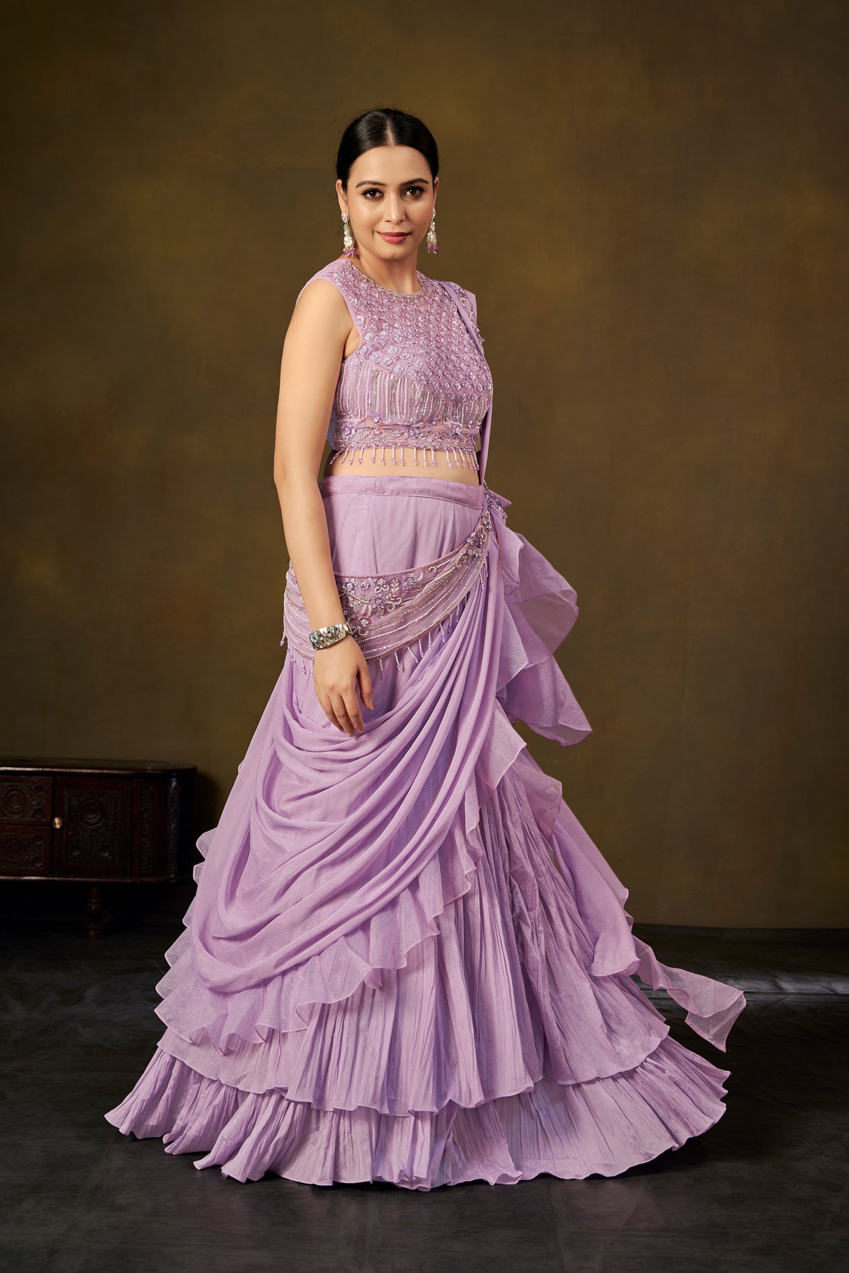 Lavender Embellished Crop Top with Ruffled Saree Skirt & Pre-Draped Pallu