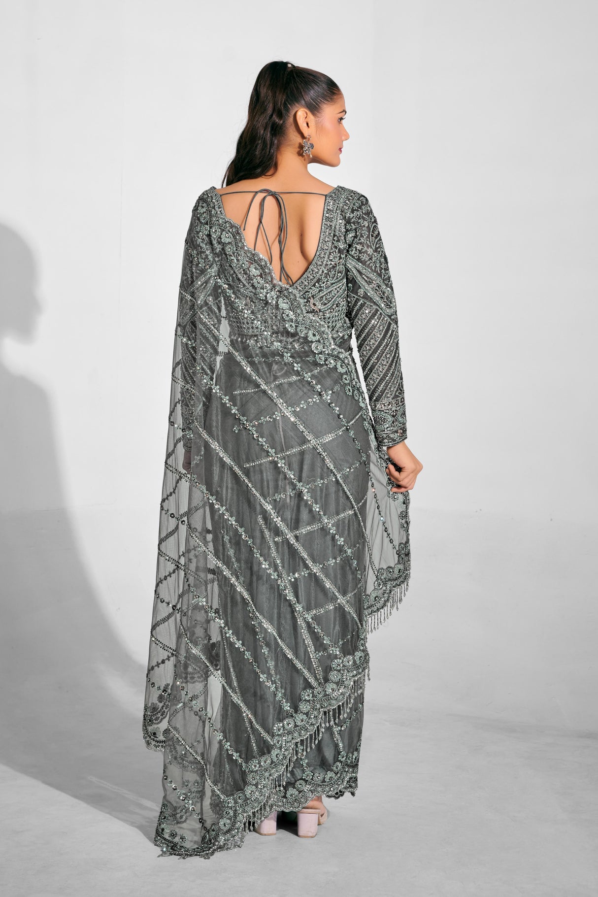 Opulent Silver Embroidered Net Saree with Luxe Sequin Detailing & Sculpted Blouse | Evening Saree for Receptions