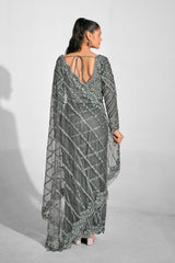 Opulent Silver Embroidered Net Saree with Luxe Sequin Detailing & Sculpted Blouse | Evening Saree for Receptions