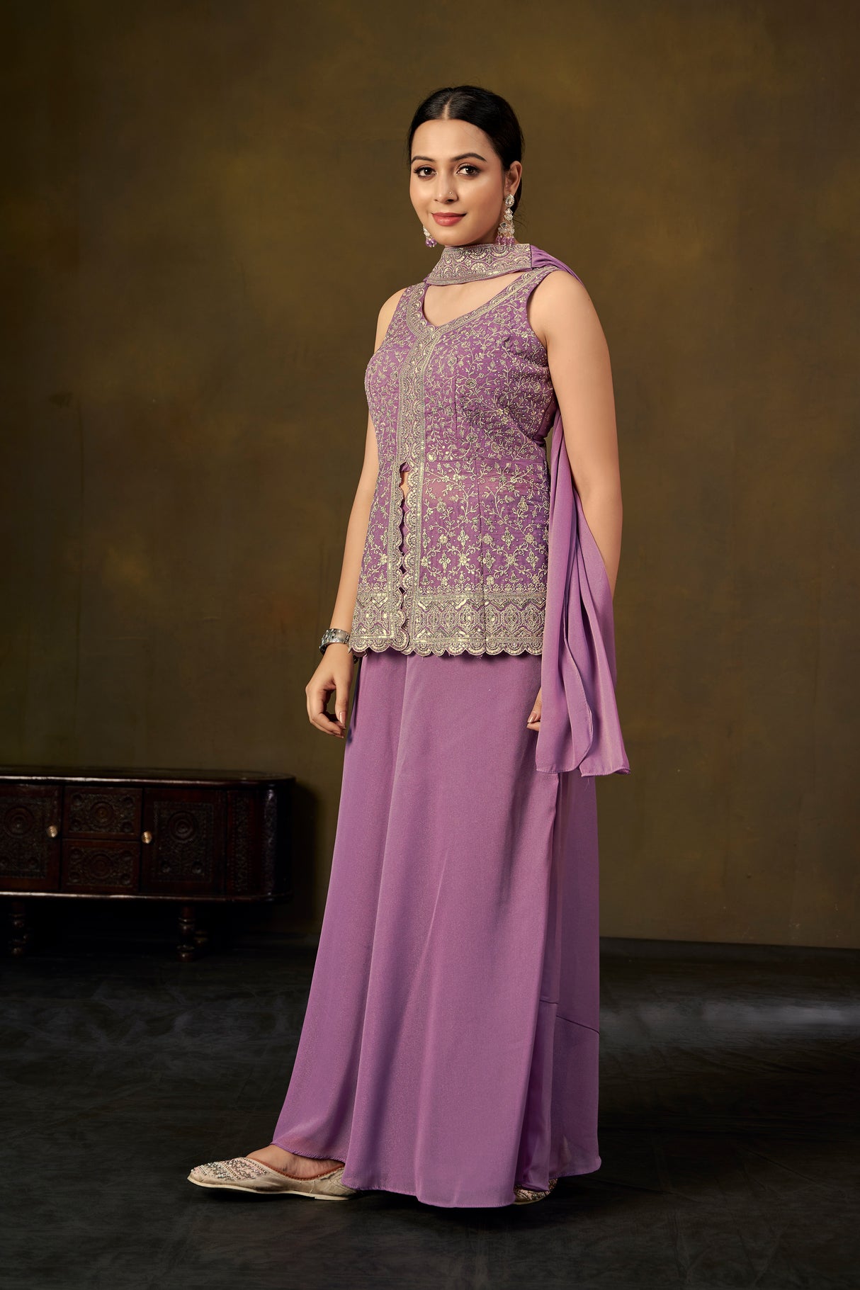 Lavender Embroidered Peplum Kurta with Palazzo Pants