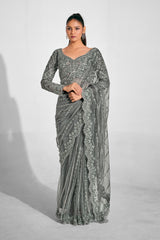 Opulent Silver Embroidered Net Saree with Luxe Sequin Detailing & Sculpted Blouse | Evening Saree for Receptions