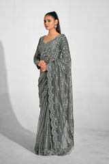 Opulent Silver Embroidered Net Saree with Luxe Sequin Detailing & Sculpted Blouse | Evening Saree for Receptions