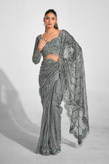 Opulent Silver Embroidered Net Saree with Luxe Sequin Detailing & Sculpted Blouse | Evening Saree for Receptions