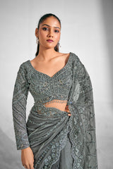 Opulent Silver Embroidered Net Saree with Luxe Sequin Detailing & Sculpted Blouse | Evening Saree for Receptions
