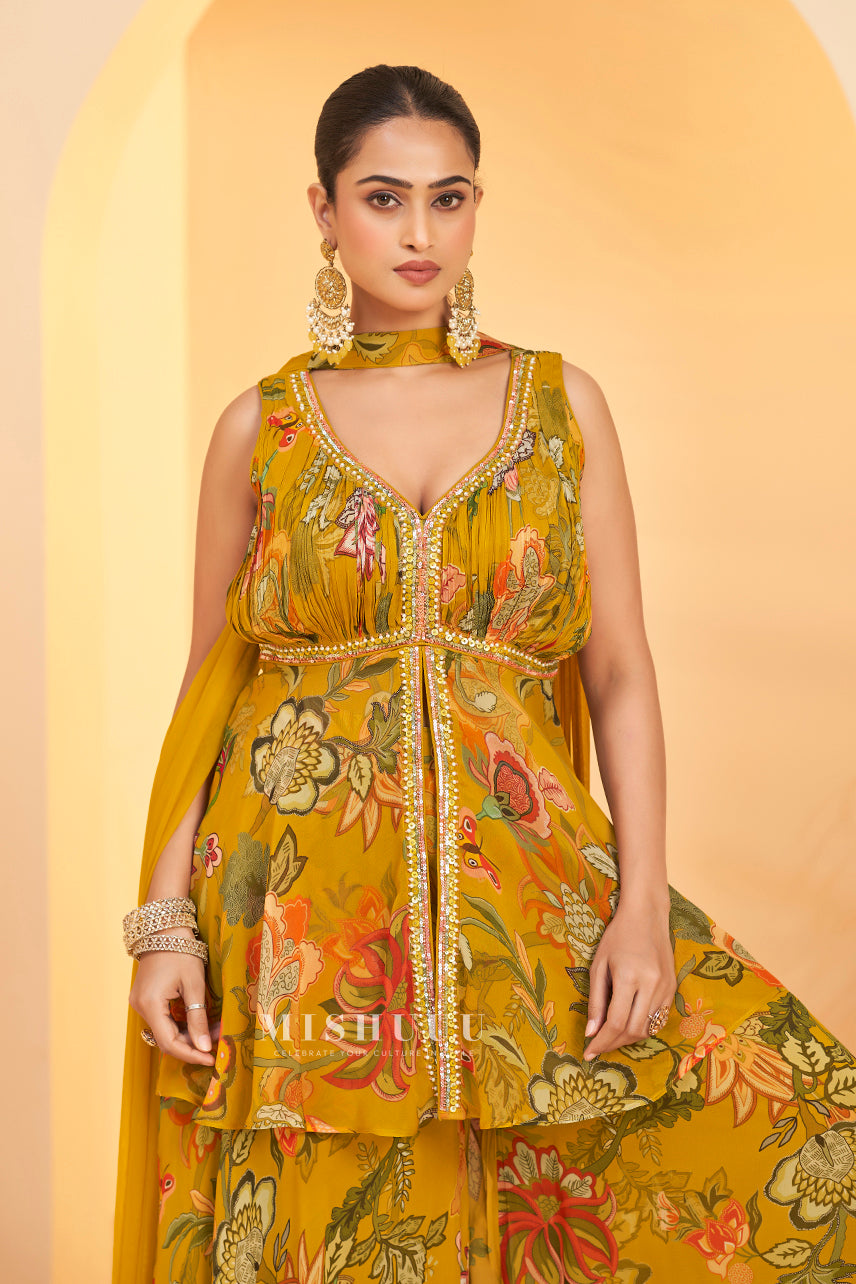 Mehfil Blossom Yellow Peplum Sharara Set