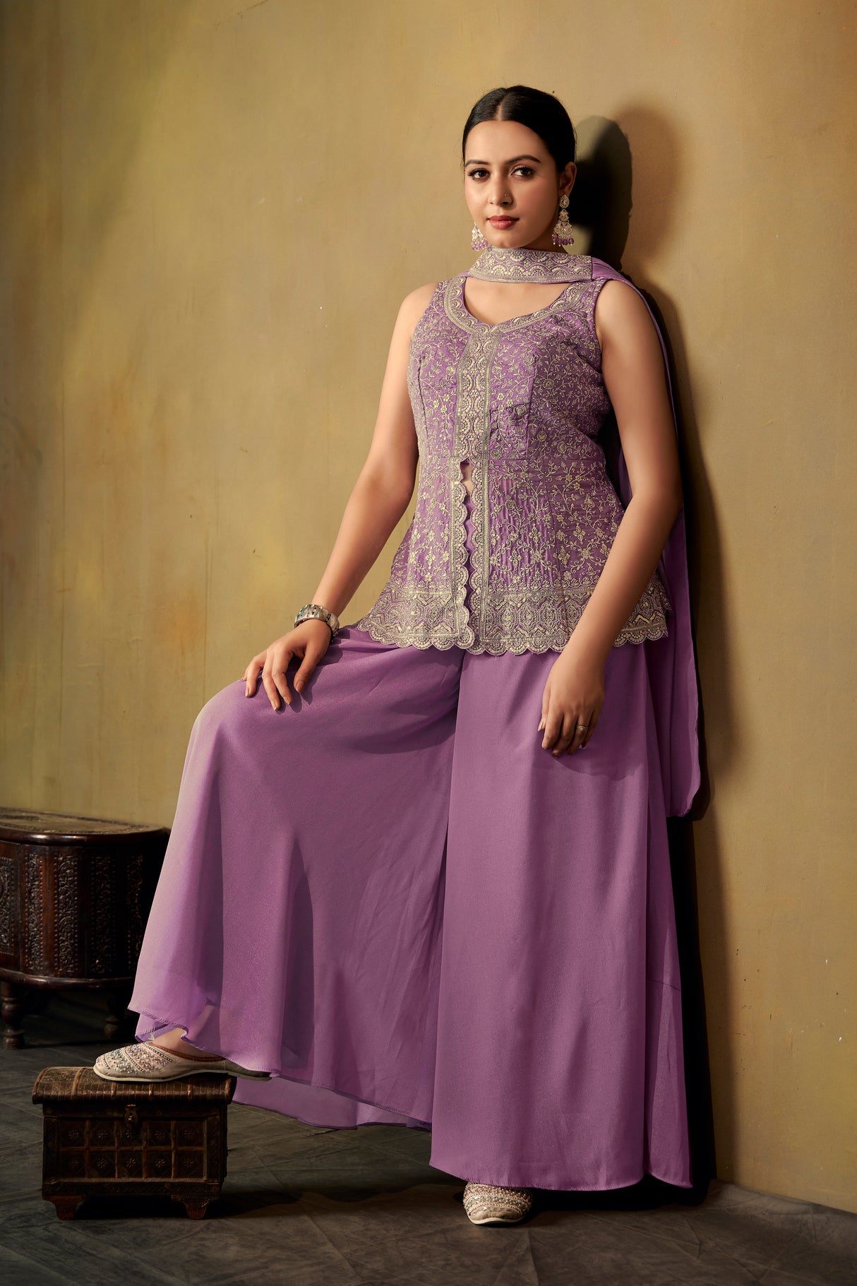 Lavender Embroidered Peplum Kurta with Palazzo Pants