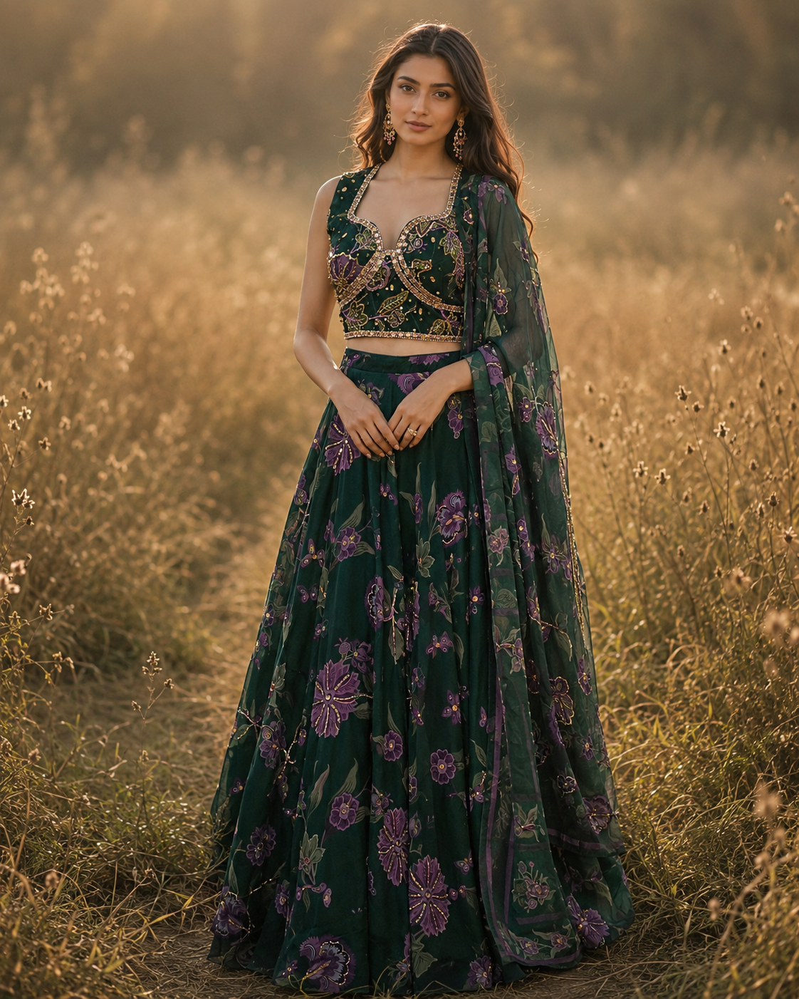 Forest Green Purple Floral Lehenga Ensemble