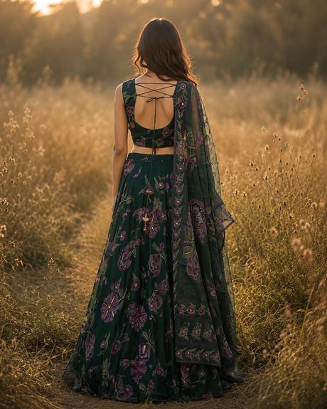 Forest Green Purple Floral Lehenga Ensemble