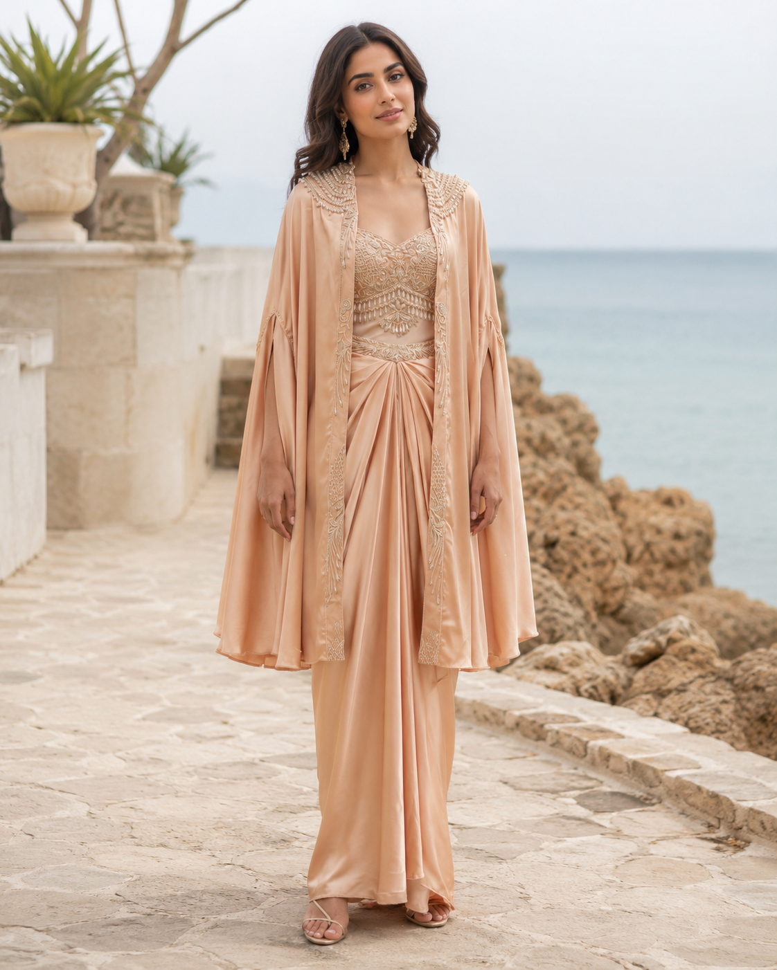 Soft Peach Pearl Cape Saree Set