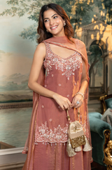 Rust Rose Embroidered Kurta with Shimmer Sharara Set