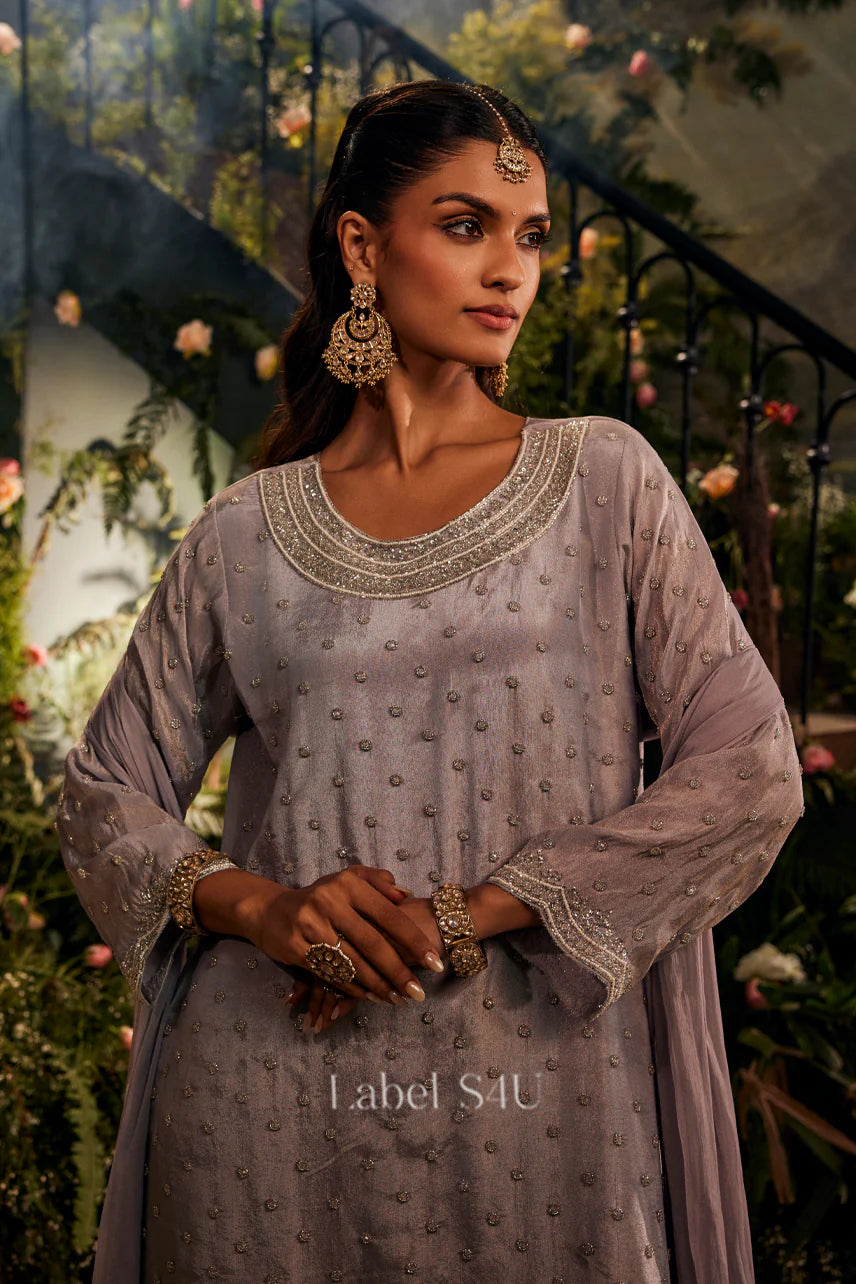 Taupe Mirror Embellished Luxe Sharara Set