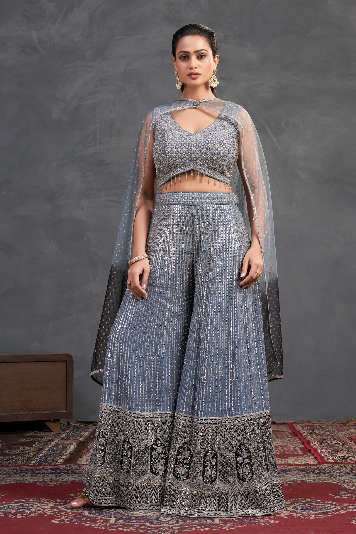 Steel Grey Sequin Sharara Set – Regal Sparkle with Modern Gracr