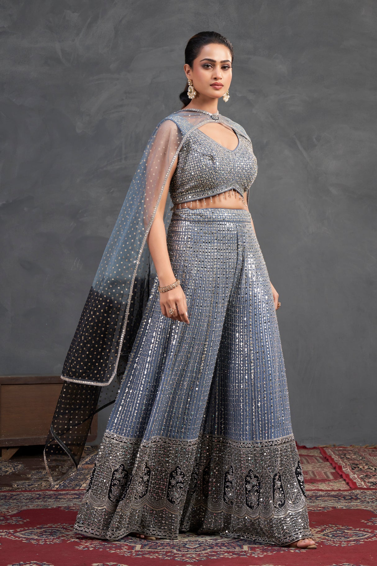Steel Grey Sequin Sharara Set – Regal Sparkle with Modern Gracr