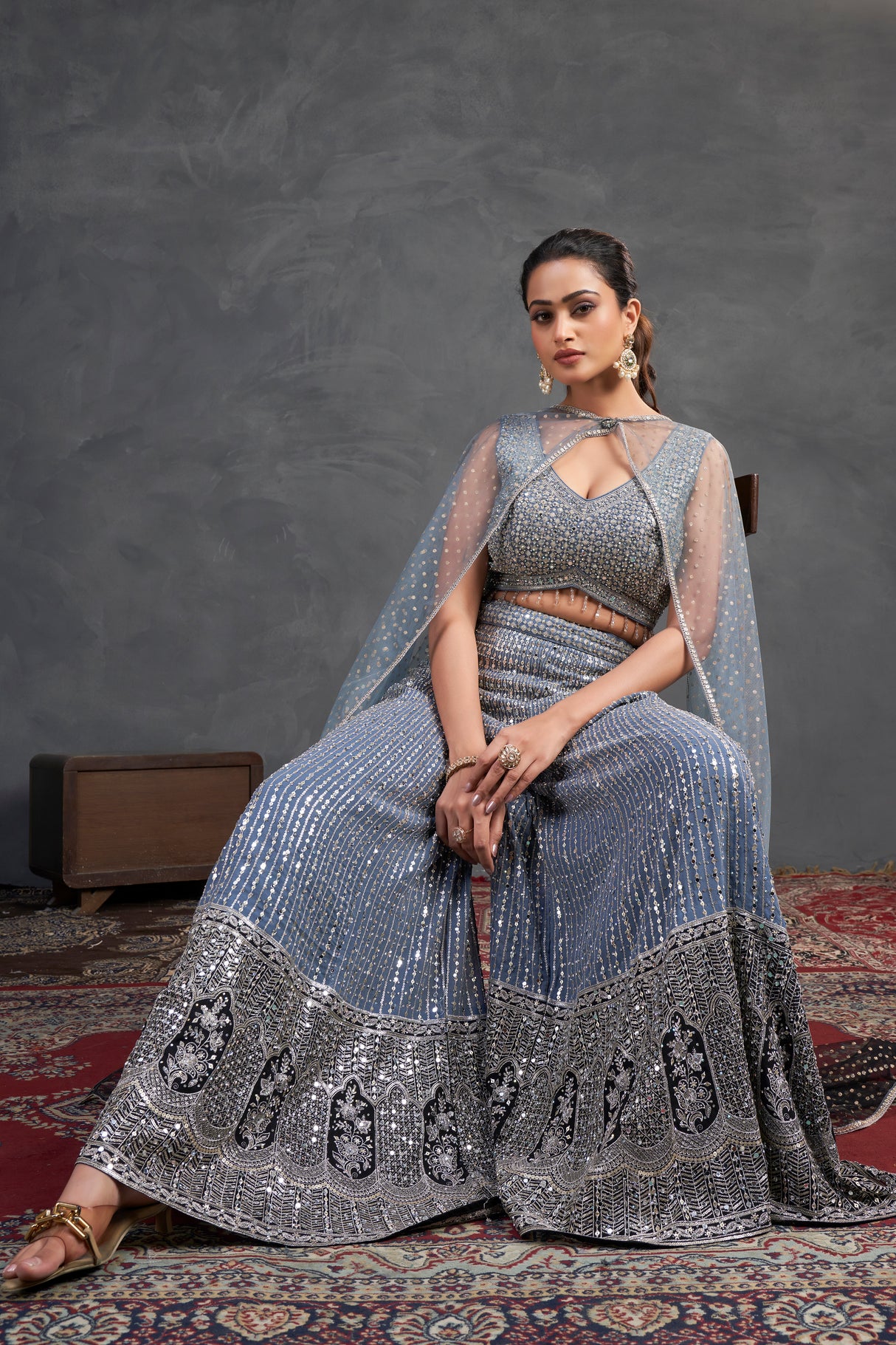 Steel Grey Sequin Sharara Set – Regal Sparkle with Modern Gracr