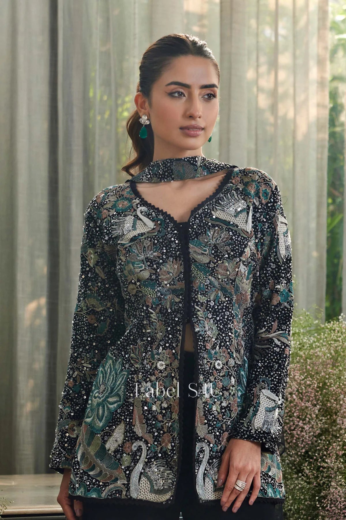 Handcrafted Black Palazzo Set with Heavy Swan Motif Jacket – South Asian Party & Festive Wear |Label S4U