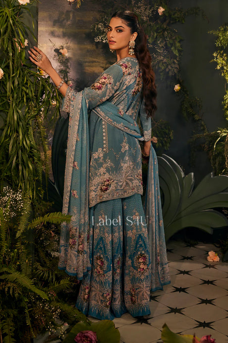 Teal Floral Embroidered Luxe Sharara Set