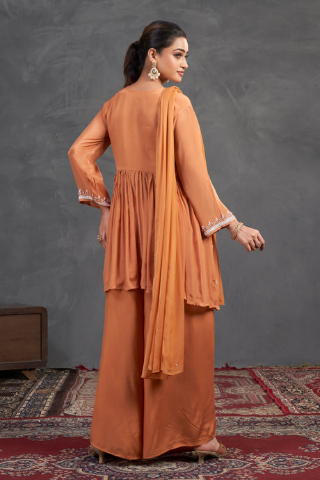 Burnt Sienna Embroidered Kurta Sharara Set – Earthy Elegance with Subtle Radiance