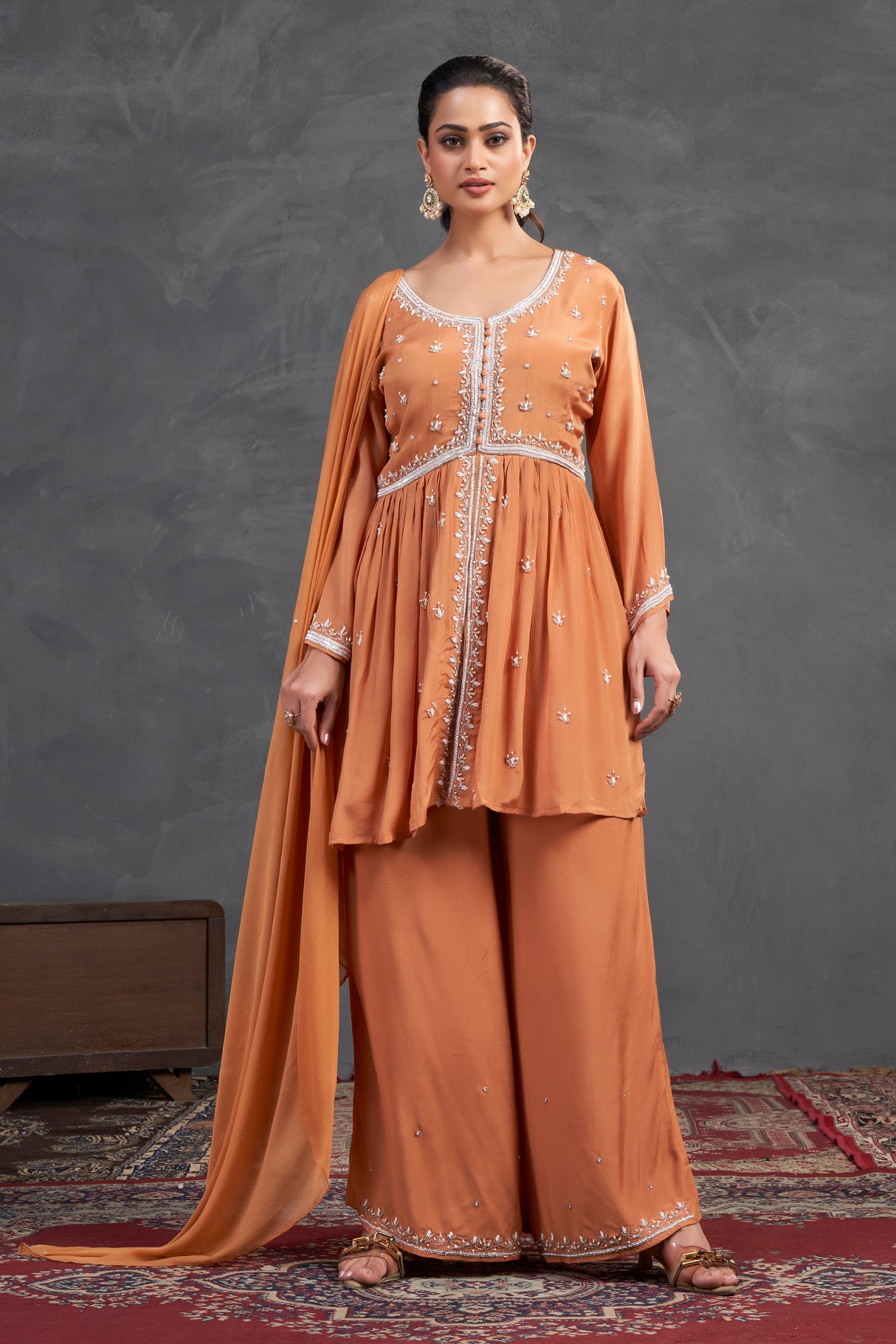 Burnt Sienna Embroidered Kurta Sharara Set – Earthy Elegance with Subtle Radiance