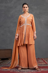 Burnt Sienna Embroidered Kurta Sharara Set – Earthy Elegance with Subtle Radiance