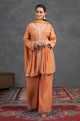 Burnt Sienna Embroidered Kurta Sharara Set – Earthy Elegance with Subtle Radiance