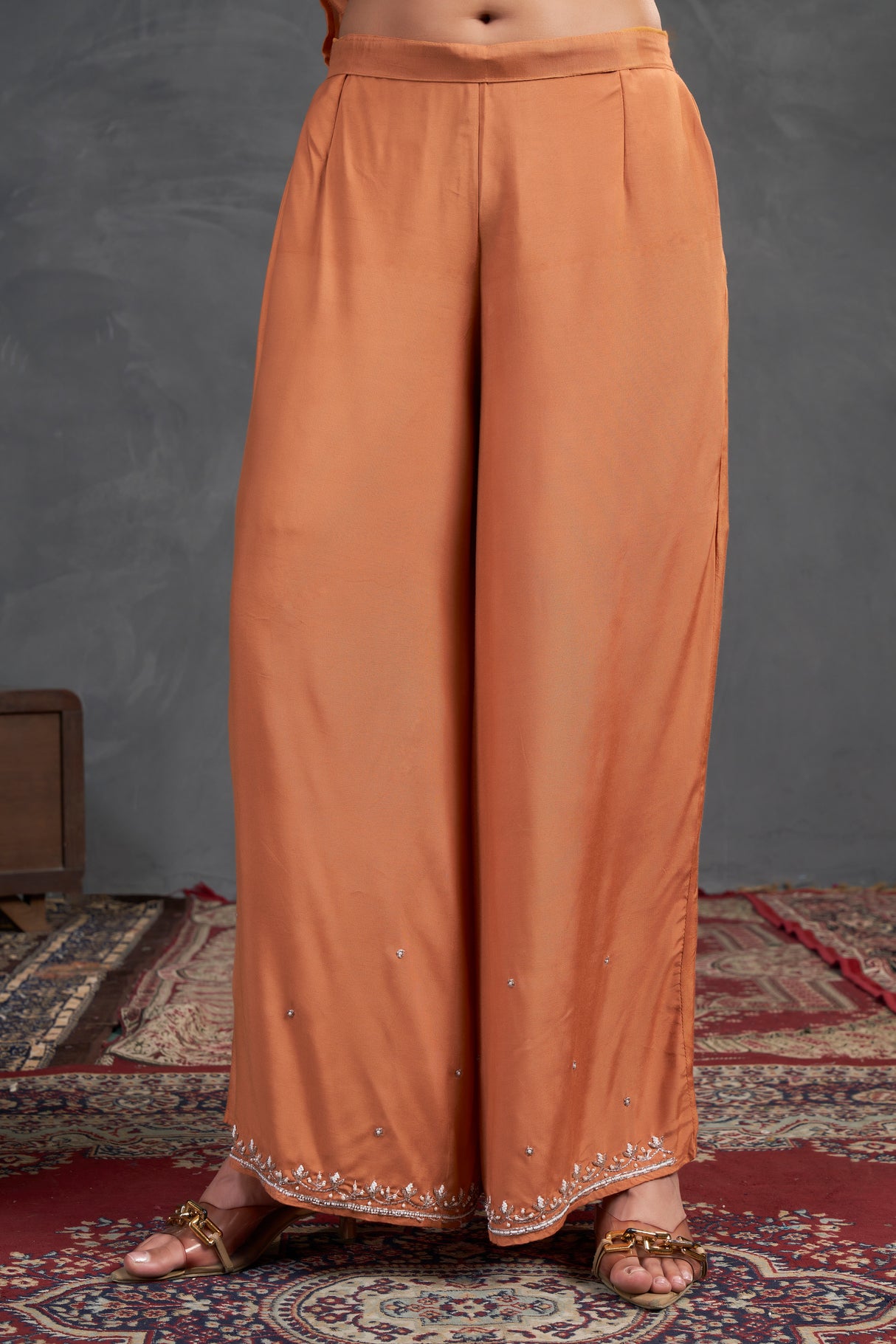 Burnt Sienna Embroidered Kurta Sharara Set – Earthy Elegance with Subtle Radiance