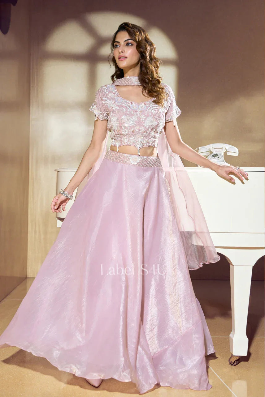open lace back dress Blush Pink Handcrafted Peplum Lehenga Set