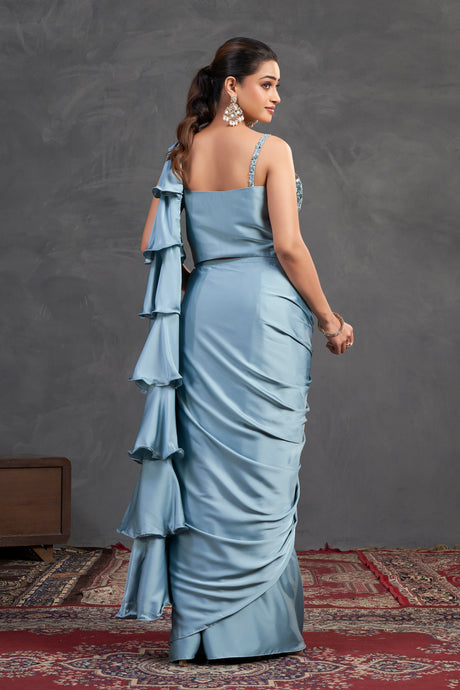 Ice Blue Ruffle Saree Set – Sequined Blouse with Layered Drape