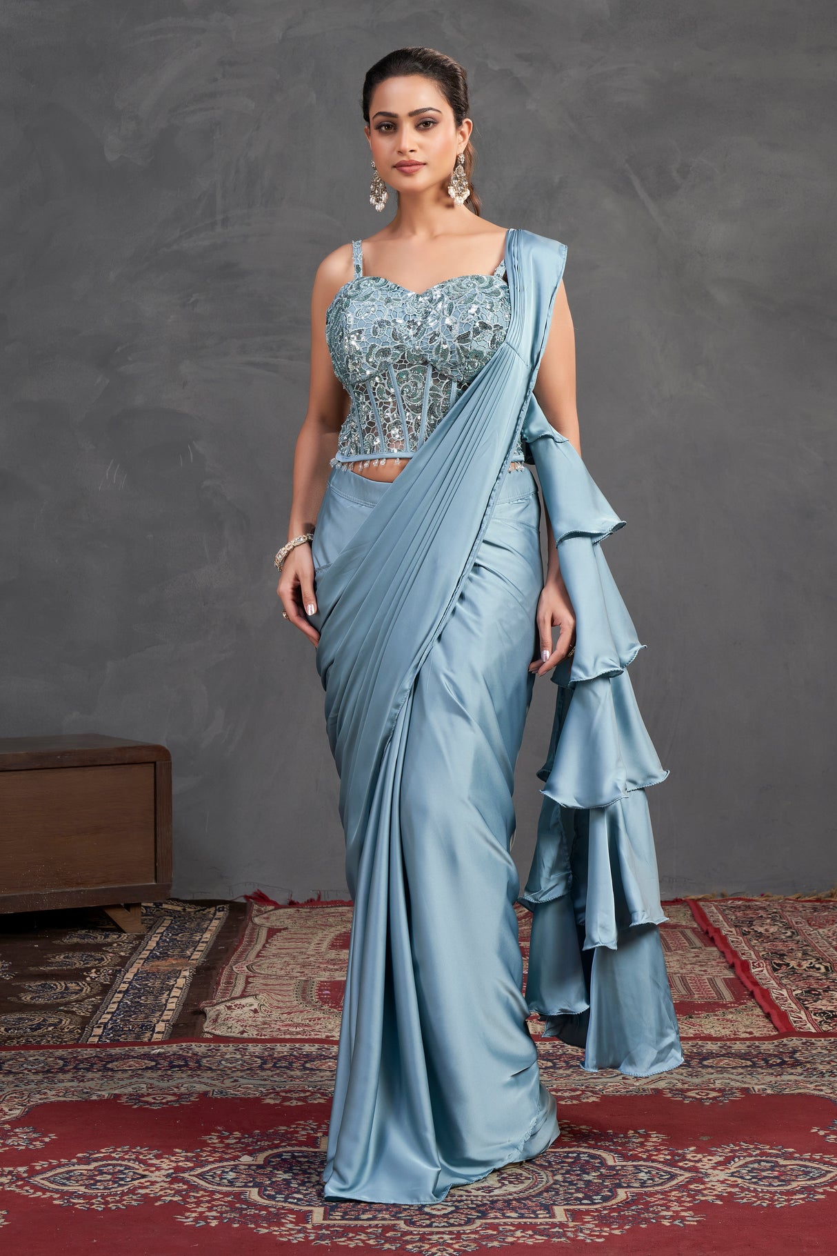 Ice Blue Ruffle Saree Set – Sequined Blouse with Layered Drape