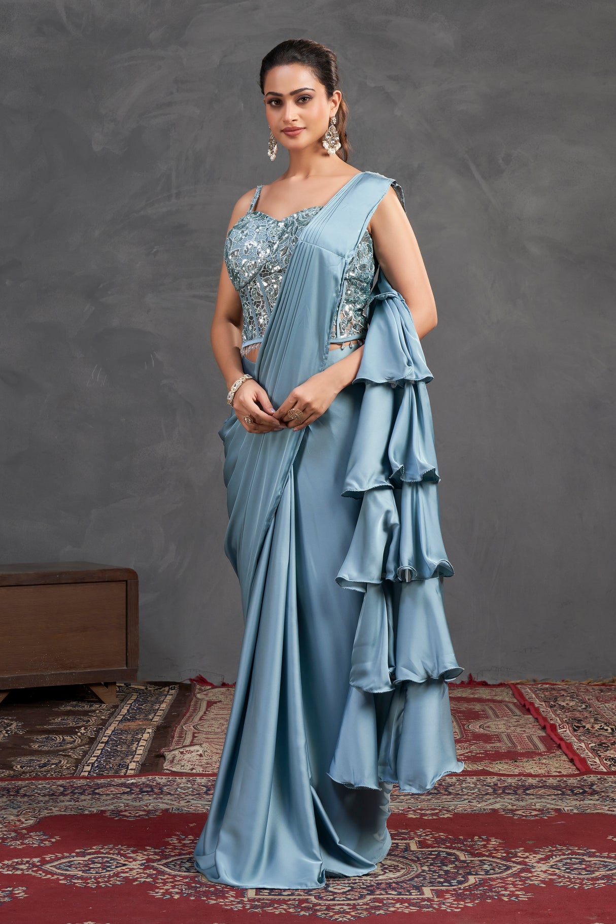 Ice Blue Ruffle Saree Set – Sequined Blouse with Layered Drape