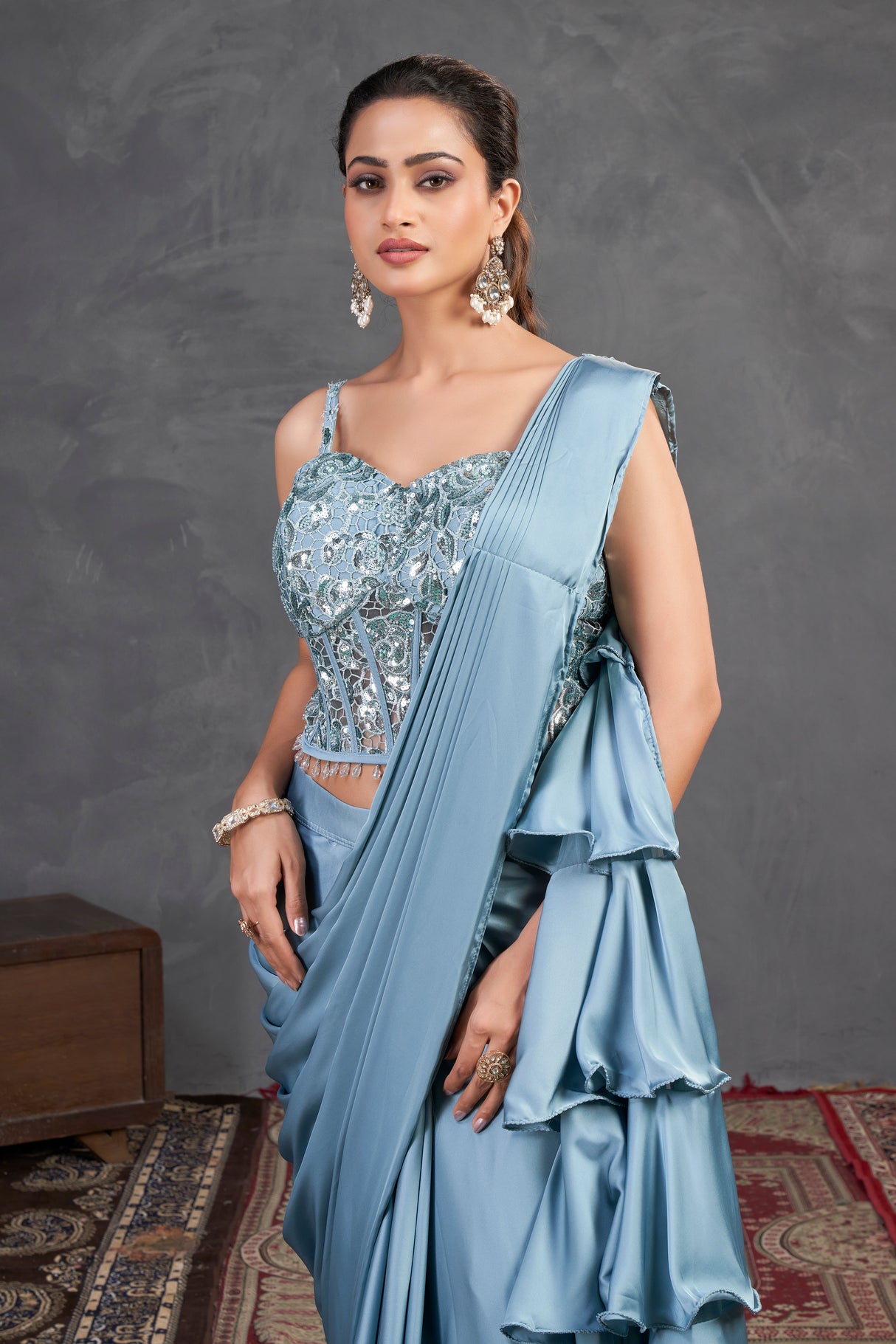 Ice Blue Ruffle Saree Set – Sequined Blouse with Layered Drape