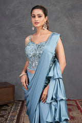 Ice Blue Ruffle Saree Set – Sequined Blouse with Layered Drape