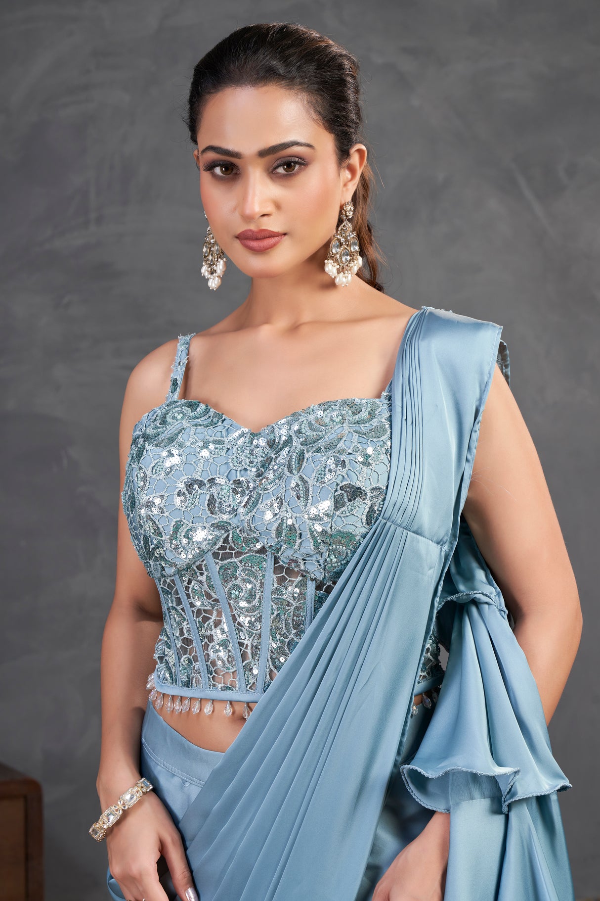 Ice Blue Ruffle Saree Set – Sequined Blouse with Layered Drape