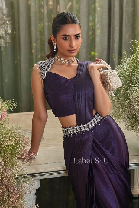 Royal Purple Drape Saree with Handcrafted Belt & Blouse | Label S4U