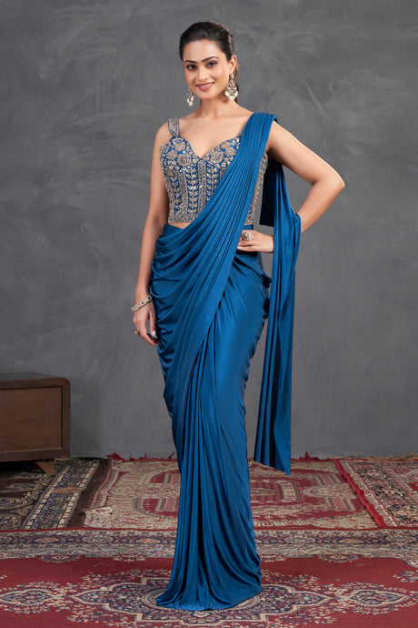 Deep Teal Embroidered Saree Set – Contemporary Glamour with Traditional Grace