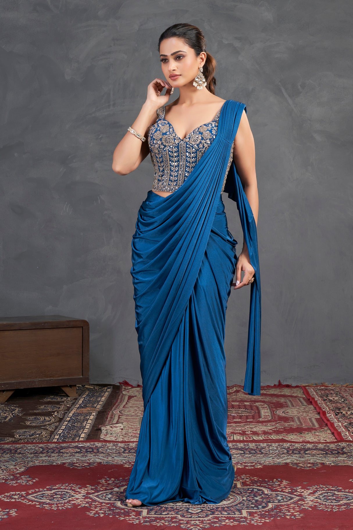 Deep Teal Embroidered Saree Set – Contemporary Glamour with Traditional Grace