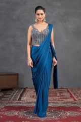 Deep Teal Embroidered Saree Set – Contemporary Glamour with Traditional Grace