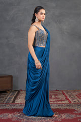 Deep Teal Embroidered Saree Set – Contemporary Glamour with Traditional Grace