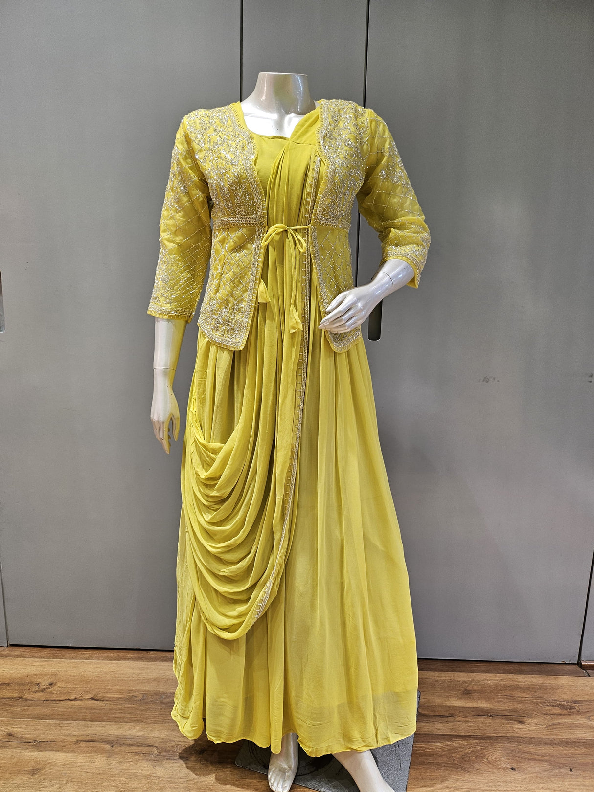 Lemon Yellow Draped Dress with Embellished Jacket, Indian Outfit, Festive Wear, Haldi Outfit
