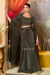 Olive Green Cape Lehenga with Handcrafted Crop Top | Label S4U