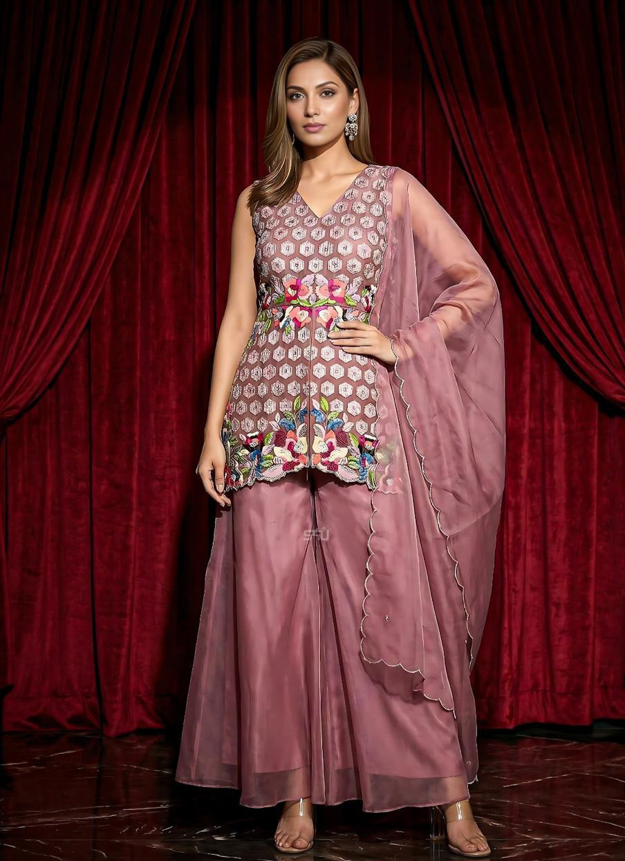 Rosewood Bloom Embroidered Sharara Set