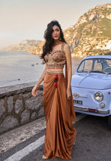 Copper Rust Embellished Draped Saree Set