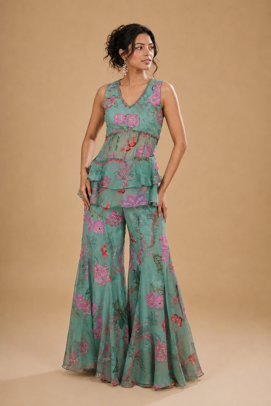 Sea Green Floral Peplum Sharara Ensemble