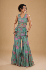 Sea Green Floral Peplum Sharara Ensemble