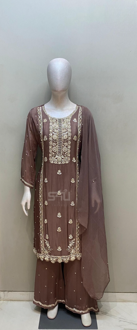Mocha Embroidered Kurta Palazzo Set