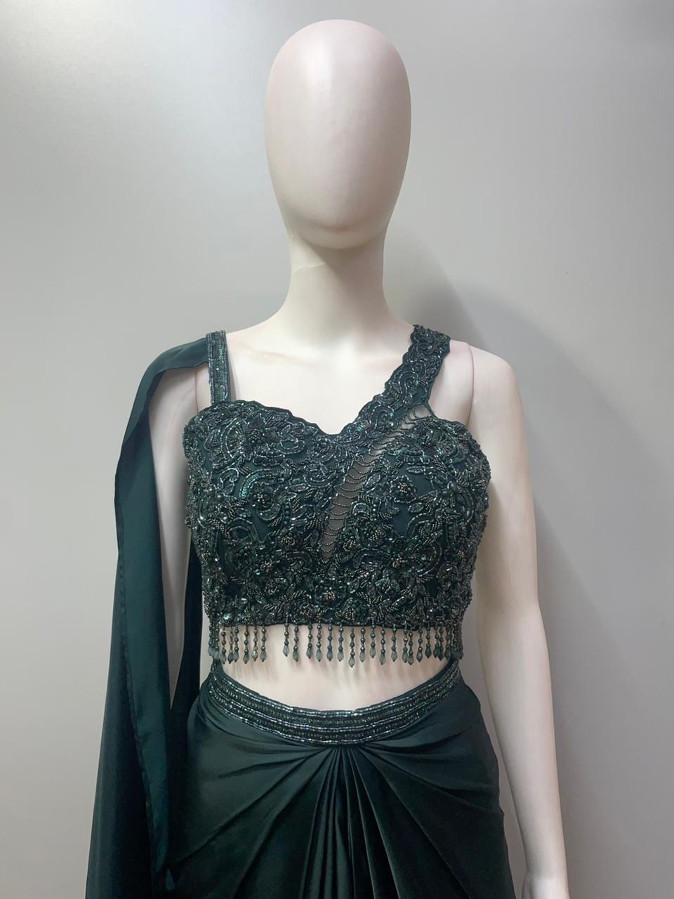 Bottle Green Crystal Draped Skirt Set