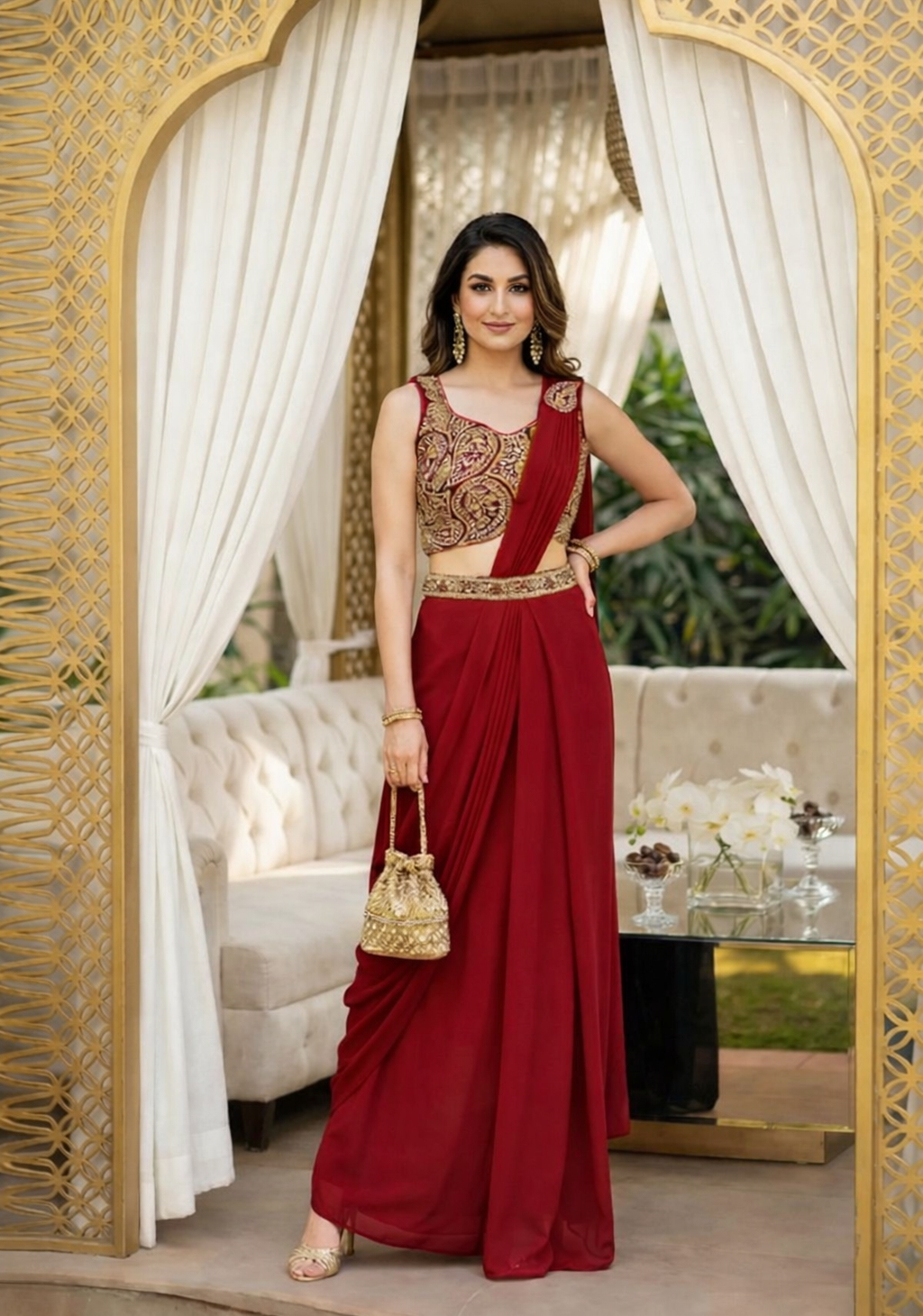 Crimson Gold Draped Saree Luxe Set