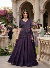 Plum Embroidered Drape Lehenga Set